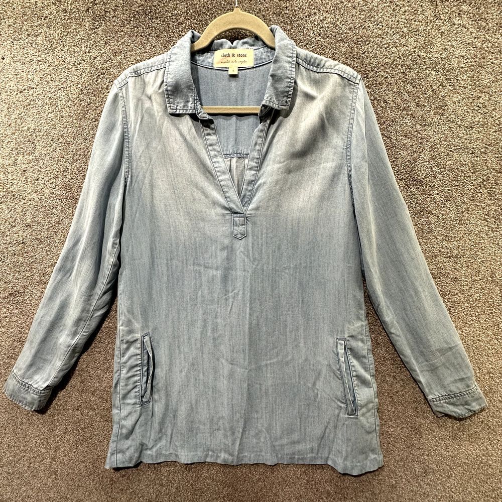 Cloth & Stone Adalie Shirt Dress Small Blue Lyocell Roll Tab Sleeve V Neck Tunic